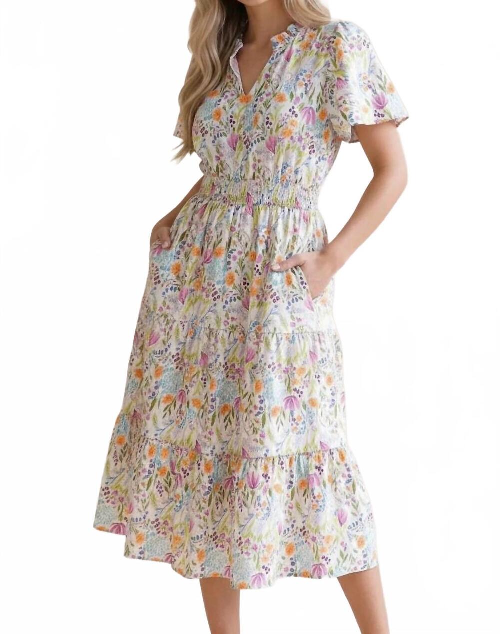 NEW HAPTICS notch neck smocked waist tiered dress in white floral